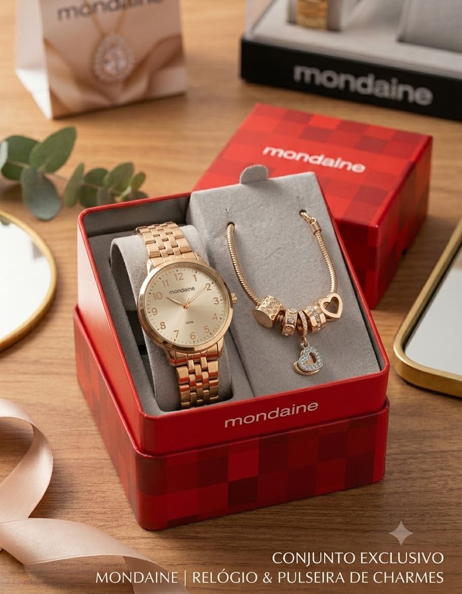 KIT RELÓGIO FEMININO MONDAINE CAIXA E PULSEIRA DE AÇO + PULSEIRA PANDORA