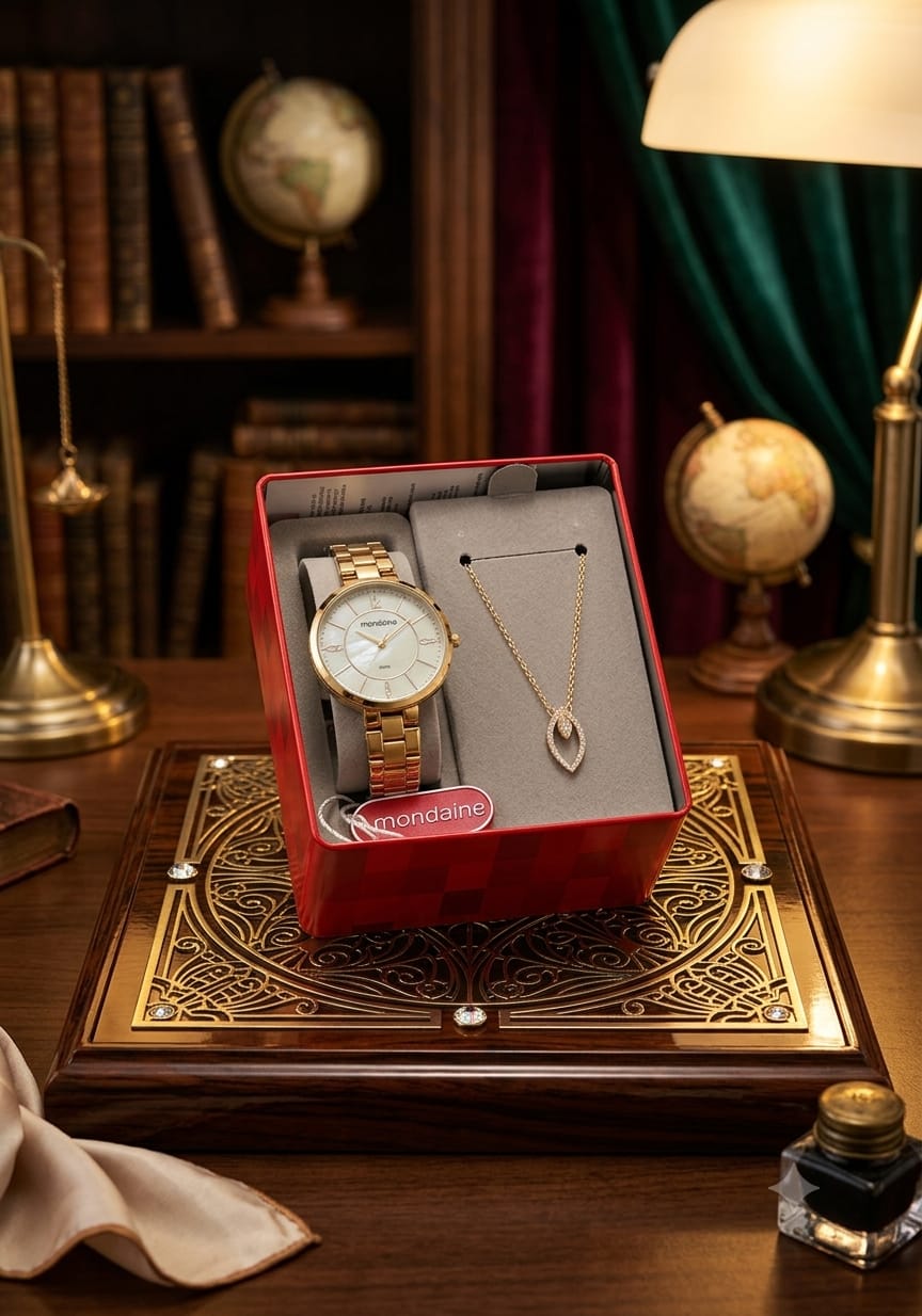 KIT RELÓGIO FEMININO MONDAINE COM PULSEIRA DE AÇO E FUNDO DE MADREPEROLA+COLAR